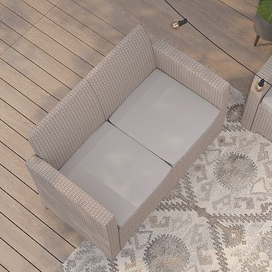 Merrick Lane Malmok Outdoor Furniture Resin Loveseat Light Gray Faux Rattan Wicker Pattern 2-Seat Loveseat With All-Weather Beige Cushions