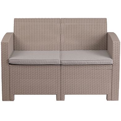 Merrick Lane Malmok Outdoor Furniture Resin Loveseat Light Gray Faux Rattan Wicker Pattern 2-Seat Loveseat With All-Weather Beige Cushions