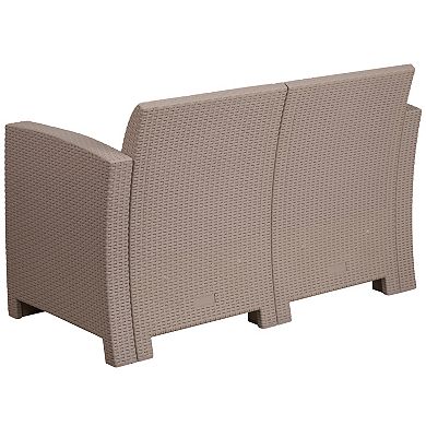Merrick Lane Malmok Outdoor Furniture Resin Loveseat Light Gray Faux Rattan Wicker Pattern 2-Seat Loveseat With All-Weather Beige Cushions