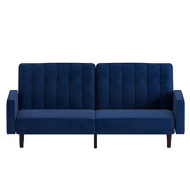 Merrick Lane Ramey Mid Century Modern Split-Back Sofa Futon with 3 Recline Positions In Elegant Navy Velvet Upholstery