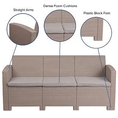 Merrick Lane Malmok Outdoor Furniture Resin Sofa Light Gray Faux Rattan Wicker Pattern Patio 3-Seat Sofa With All-Weather Beige Cushions
