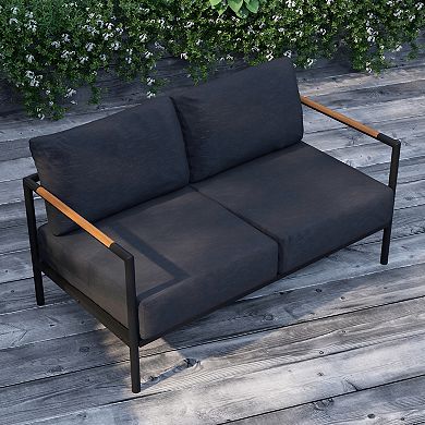 Merrick Lane Eastport Outdoor Loveseat with Removable Beige Fabric Cushions and Black Teak Accented Aluminum Frame