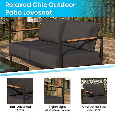 Merrick Lane Eastport Outdoor Loveseat with Removable Beige Fabric Cushions and Black Teak Accented Aluminum Frame
