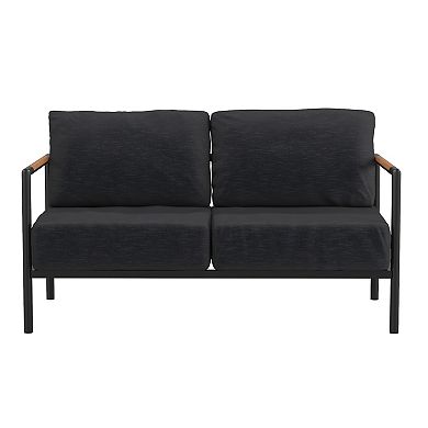 Merrick Lane Eastport Outdoor Loveseat with Removable Beige Fabric Cushions and Black Teak Accented Aluminum Frame
