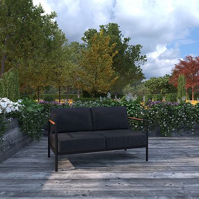 Merrick Lane Eastport Outdoor Loveseat with Removable Beige Fabric Cushions and Black Teak Accented Aluminum Frame