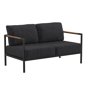 Merrick Lane Eastport Outdoor Loveseat with Removable Beige Fabric Cushions and Black Teak Accented Aluminum Frame