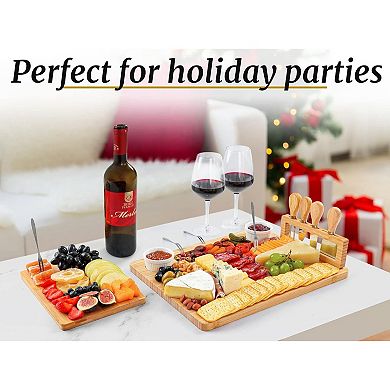Wooden Cheese Board Set - Extra Thick Bamboo Charcuterie Board Set with 4 Piece Knife Set