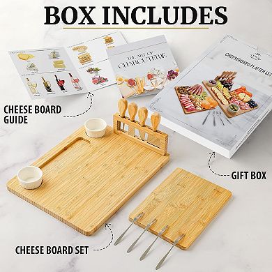 Wooden Cheese Board Set - Extra Thick Bamboo Charcuterie Board Set with 4 Piece Knife Set