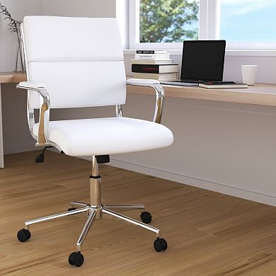 Merrick Lane McEntyre White Ergonomic Swivel Office Chair Panel Style Mid-Back Faux Leather Computer Desk Chair with Padded Chrome Arms & Base