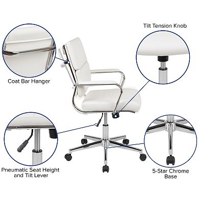 Merrick Lane McEntyre White Ergonomic Swivel Office Chair Panel Style Mid-Back Faux Leather Computer Desk Chair with Padded Chrome Arms & Base
