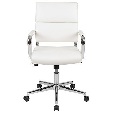 Merrick Lane McEntyre White Ergonomic Swivel Office Chair Panel Style Mid-Back Faux Leather Computer Desk Chair with Padded Chrome Arms & Base