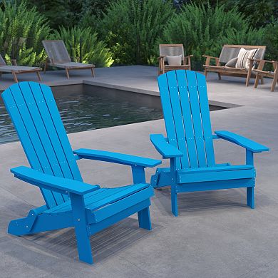 Merrick Lane Set of 2 Riviera Poly Resin Folding Adirondack Lounge Chair - All-Weather Indoor/Outdoor Patio Chair in Blue