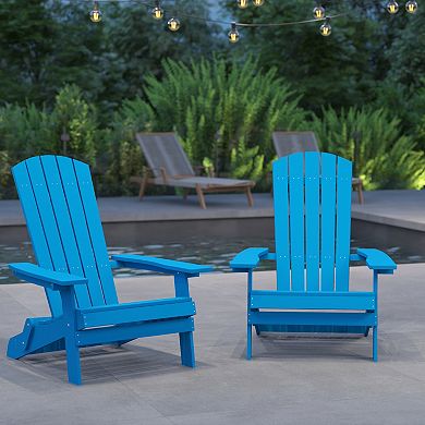 Merrick Lane Set of 2 Riviera Poly Resin Folding Adirondack Lounge Chair - All-Weather Indoor/Outdoor Patio Chair in Blue