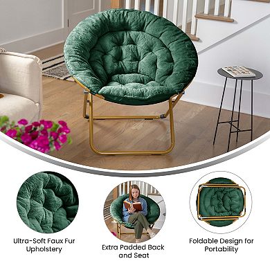 Emma and Oliver Ersa Oversize Folding Saucer Chair w/ Faux Fur Cushion and Metal Frame