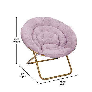 Emma and Oliver Ersa Oversize Folding Saucer Chair w/ Faux Fur Cushion and Metal Frame