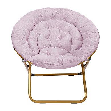 Emma and Oliver Ersa Oversize Folding Saucer Chair w/ Faux Fur Cushion and Metal Frame