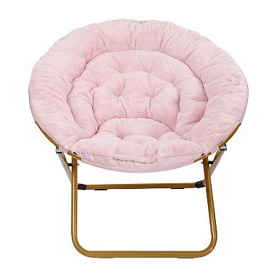 Emma and Oliver Ersa Oversize Folding Saucer Chair w/ Faux Fur Cushion and Metal Frame