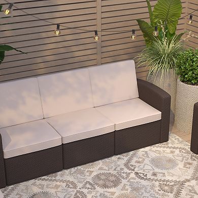 Merrick Lane Malmok Outdoor Furniture Resin Sofa Faux Rattan Wicker Pattern Patio 3-Seat Sofa With All-Weather Cushions