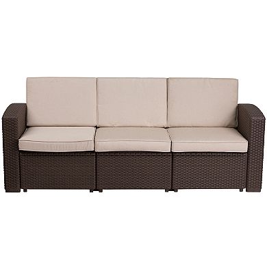 Merrick Lane Malmok Outdoor Furniture Resin Sofa Faux Rattan Wicker Pattern Patio 3-Seat Sofa With All-Weather Cushions