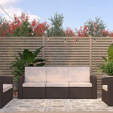 Merrick Lane Malmok Outdoor Furniture Resin Sofa Faux Rattan Wicker Pattern Patio 3-Seat Sofa With All-Weather Cushions