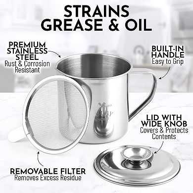 Zulay Kitchen Bacon Grease Container with Strainer, Lid and Handle