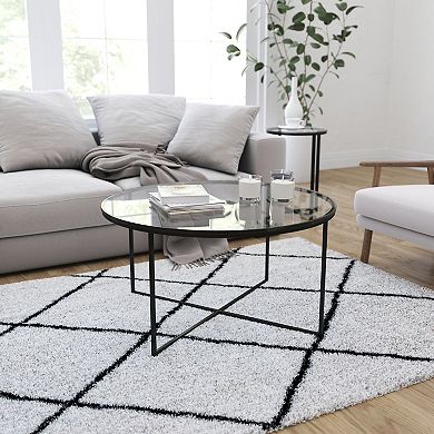 Merrick Lane Fairdale Glass Coffee Table with Round Brushed Gold Cross Brace Frame