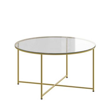 Merrick Lane Fairdale Glass Coffee Table with Round Brushed Gold Cross Brace Frame