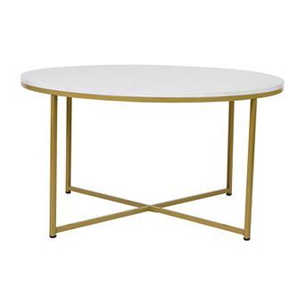 Merrick Lane Fairdale Glass Coffee Table with Round Brushed Gold Cross Brace Frame