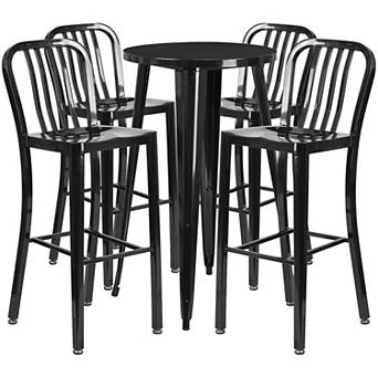 Merrick Lane Evelyne 5 pc Outdoor Dining Set in Antique Black with 24" Round Table and 4 Slatted Back Bar Stools with Footrests