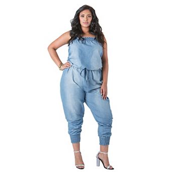 Poetic Justice Plus Size Curvy Women's Chambray Strapless Blasted Jumpsuit
