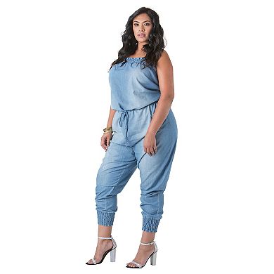 Poetic Justice Plus Size Curvy Women's Chambray Strapless Blasted Jumpsuit