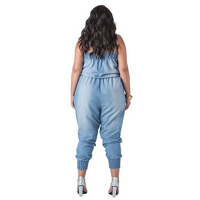 Poetic Justice Plus Size Curvy Women's Chambray Strapless Blasted Jumpsuit