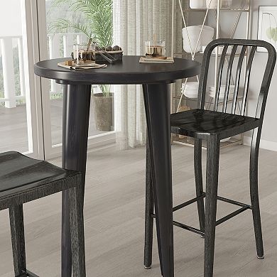Merrick Lane Evelyne 3 Piece Outdoor Dining Set in White with 24" Round Table and 2 Slatted Back Bar Stools with Footrests