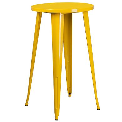 Merrick Lane Evelyne 3 Piece Outdoor Dining Set in White with 24" Round Table and 2 Slatted Back Bar Stools with Footrests