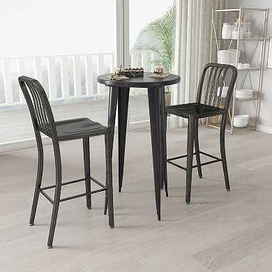 Merrick Lane Evelyne 3 Piece Outdoor Dining Set in White with 24" Round Table and 2 Slatted Back Bar Stools with Footrests