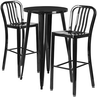 Merrick Lane Evelyne 3 pc Outdoor Dining Set in White with 24" Round Table and 2 Slatted Back Bar Stools with Footrests