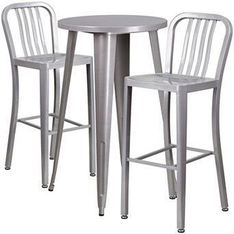 Merrick Lane Evelyne 3 pc Outdoor Dining Set in White with 24" Round Table and 2 Slatted Back Bar Stools with Footrests