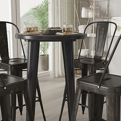 Merrick Lane Eleanore 5 Piece Outdoor Dining Set in Blue with 24" Round Table and 4 Slatted Back Bar Stools with Footrests