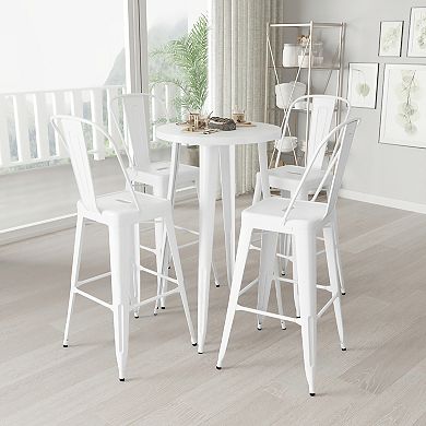 Merrick Lane Eleanore 5 Piece Outdoor Dining Set in Blue with 24" Round Table and 4 Slatted Back Bar Stools with Footrests