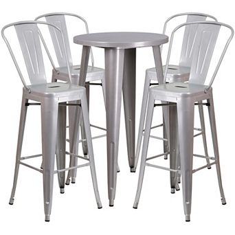 Merrick Lane Eleanore 5 pc Outdoor Dining Set in Blue with 24" Round Table and 4 Slatted Back Bar Stools with Footrests