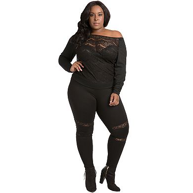 Poetic Justice Plus Size Curvy Women's Lace Insets Pull On Ponte Legging