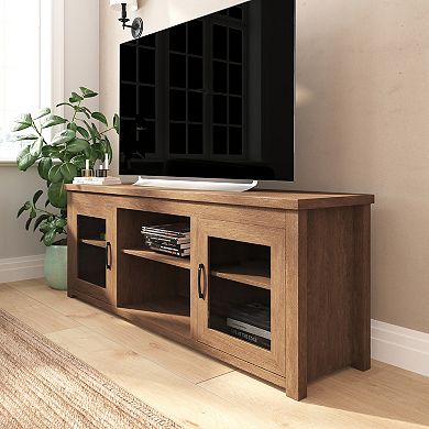 Merrick Lane Galena Traditional Full Glass Door 65" TV Stand for up to 80" TVs; Black Wash Finish