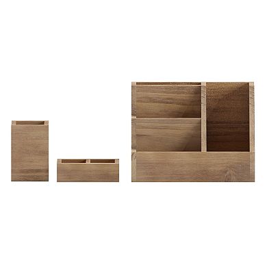 Merrick Lane Cecil 3 Piece Desk Organizer Set for Desktop, Countertop, or Vanity in Galvanized Finished Metal and Rustic Wood