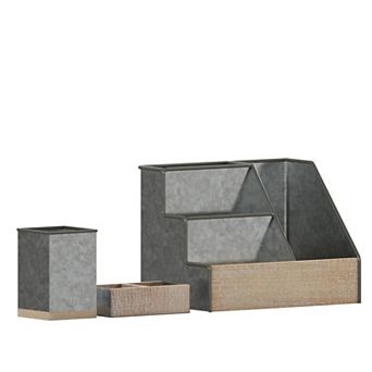 Merrick Lane Cecil 3 pc Desk Organizer Set for Desktop, Countertop, or Vanity in Galvanized Finished Metal and Rustic Wood