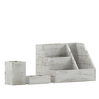 Merrick Lane Cecil 3 pc Desk Organizer Set for Desktop, Countertop, or Vanity in Galvanized Finished Metal and Rustic Wood
