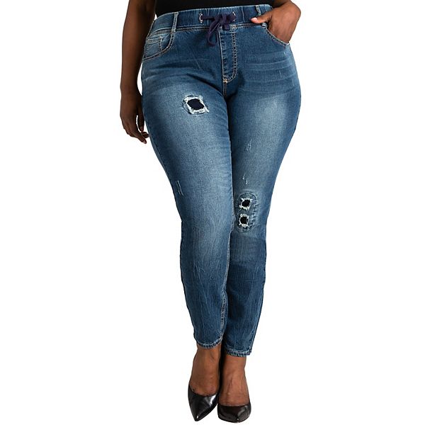 Poetic Justice Plus Size Women Curvy Fit Stretch Denim Patched Jogger Pants