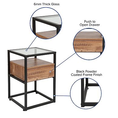 Merrick Lane Glass End Table with Drawer and Shelf in Rustic Wood Grain Finish