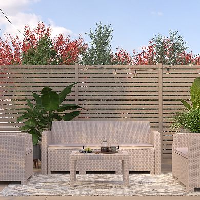 Merrick Lane Malmok Outdoor Coffee Table Dark Gray Faux Rattan Wicker Pattern Resin All-Weather Patio Coffee Table With Wood Plank Top Design