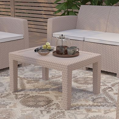 Merrick Lane Malmok Outdoor Coffee Table Dark Gray Faux Rattan Wicker Pattern Resin All-Weather Patio Coffee Table With Wood Plank Top Design