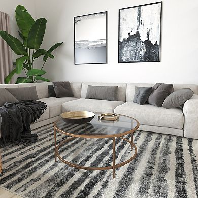 Merrick Lane Newbury Glass Coffee Table with Round Matte Black Frame and Vertical Legs
